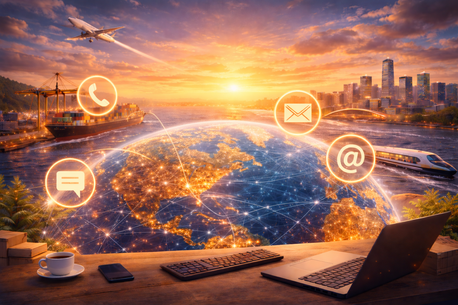 Global network with contact icons background